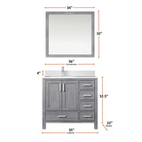 Jacques 36" Distressed Grey Single Vanity, White Quartz Top, White Square Sink and 34" Mirror - Left Version