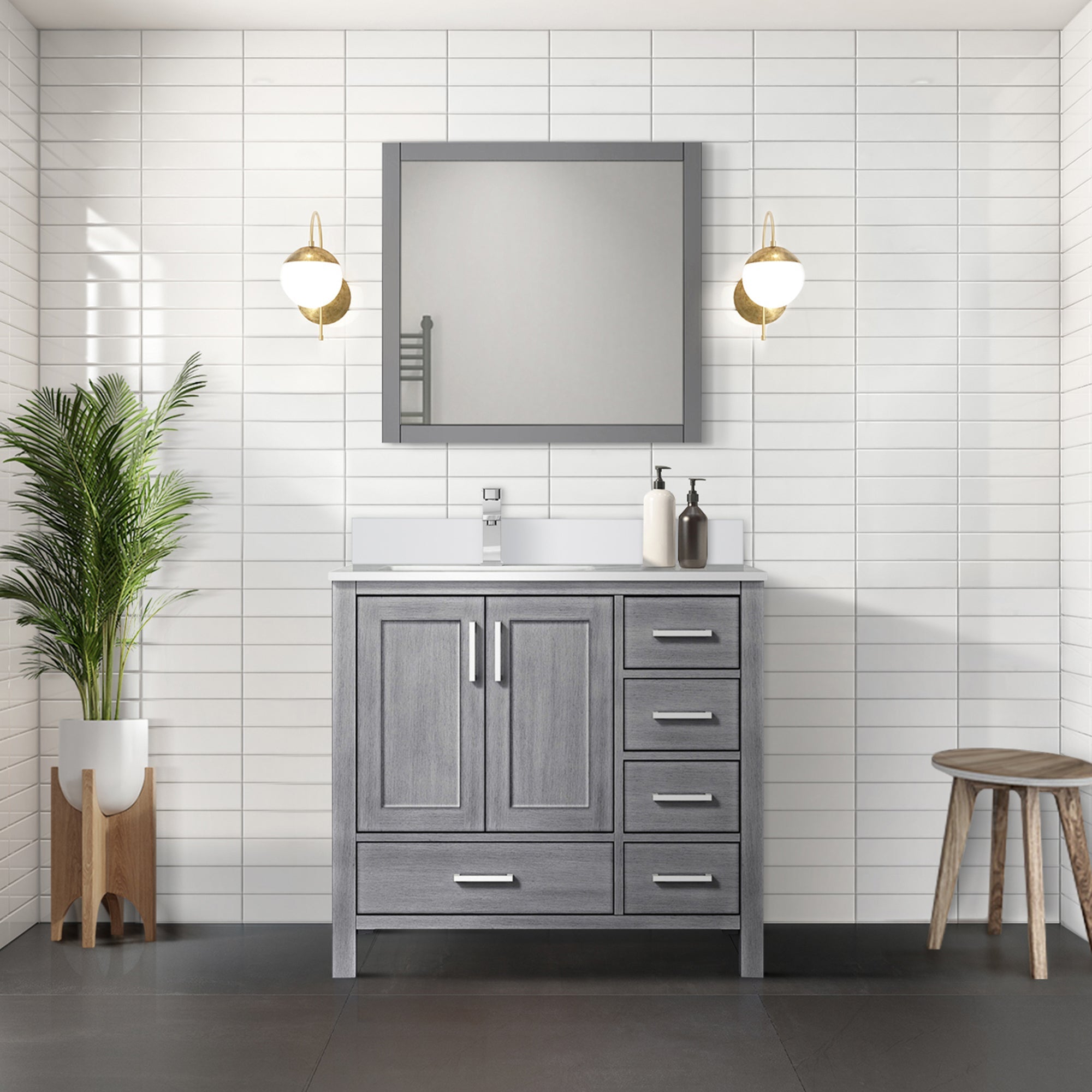 Jacques 36" Distressed Grey Single Vanity, White Quartz Top, White Square Sink and 34" Mirror - Left Version