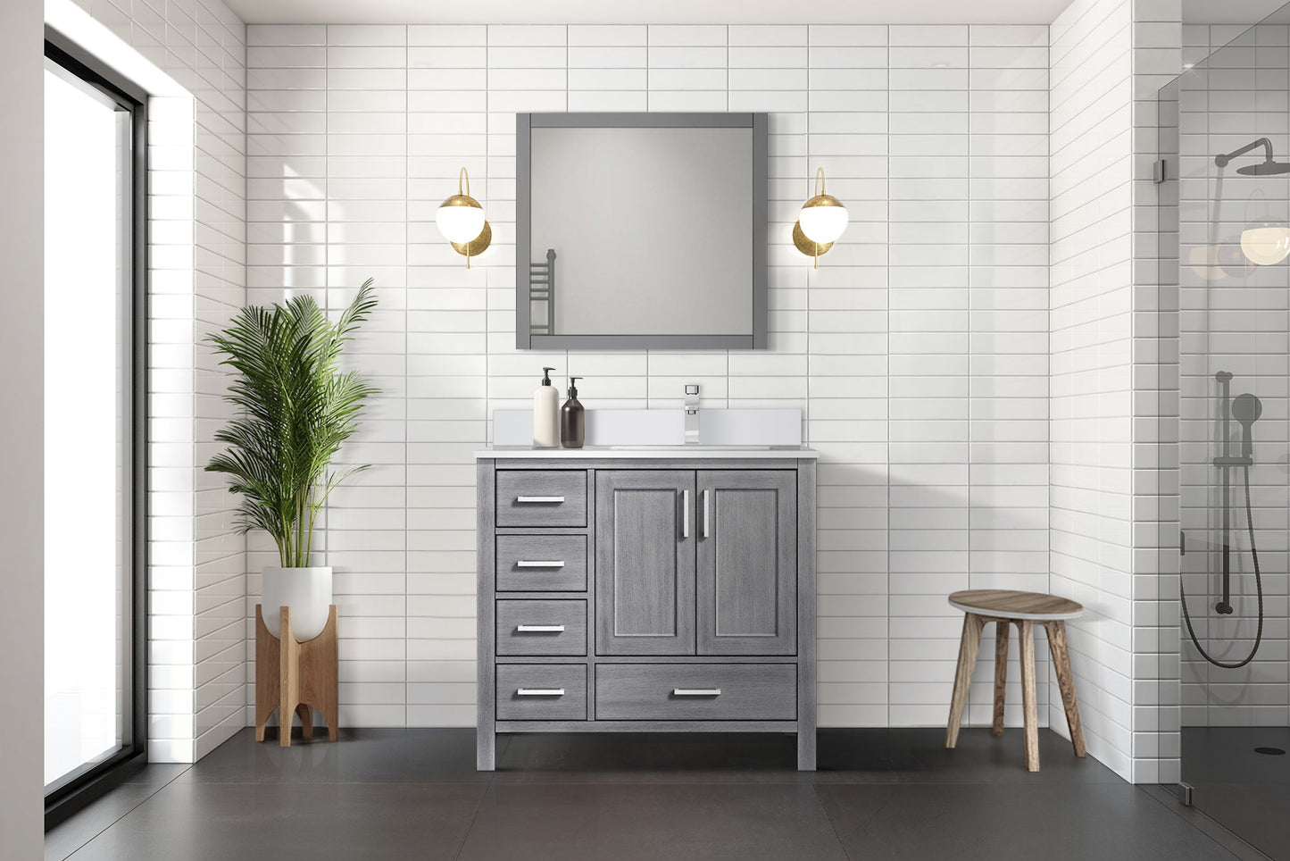 Jacques 36" Distressed Grey Single Vanity, White Quartz Top, White Square Sink and 34" Mirror w/ Faucet - Right Version
