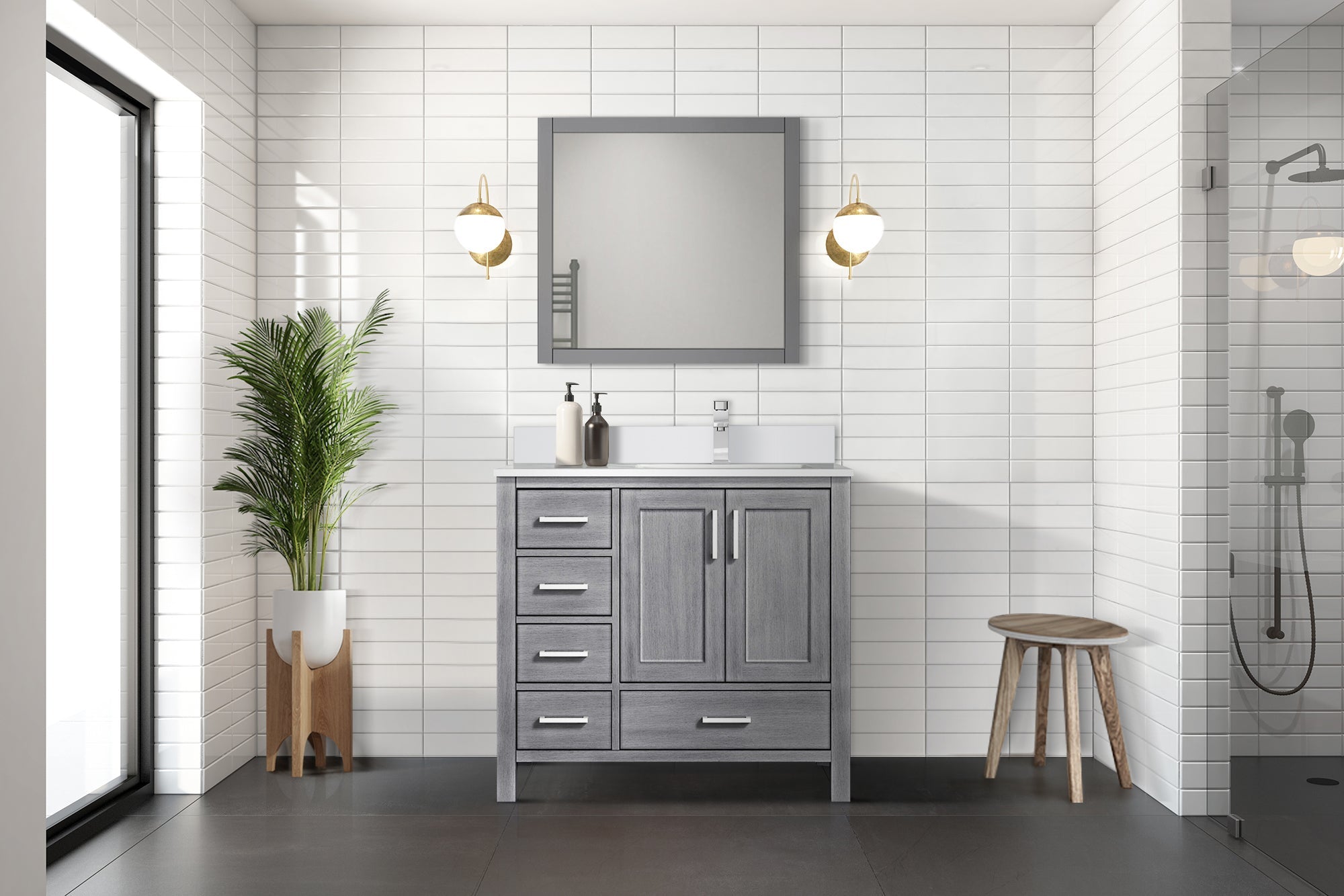 Jacques 36" Distressed Grey Single Vanity, White Quartz Top, White Square Sink and 34" Mirror w/ Faucet - Right Version