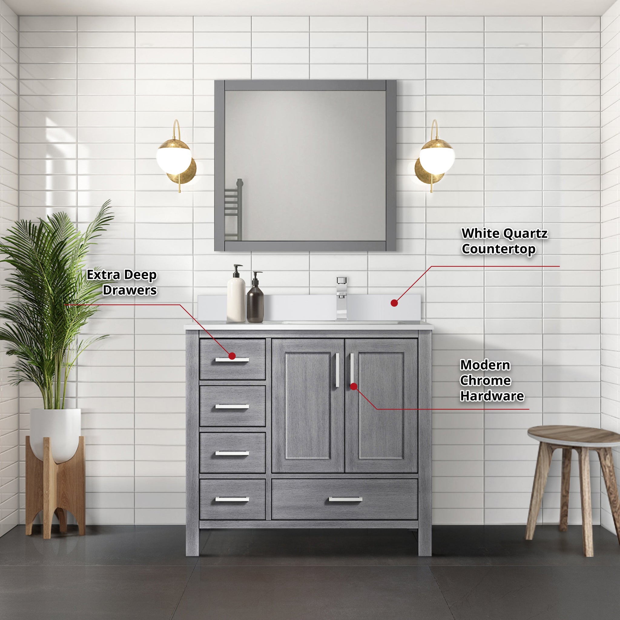 Jacques 36" Distressed Grey Single Vanity, White Quartz Top, White Square Sink and 34" Mirror - Right Version