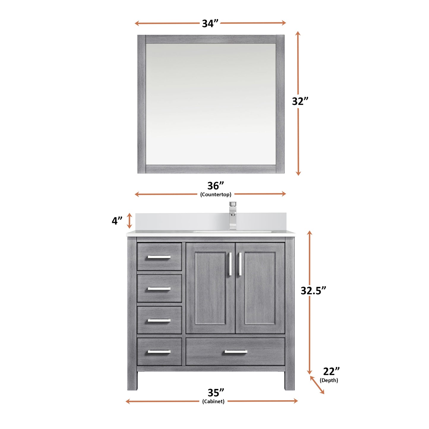 Jacques 36" Distressed Grey Single Vanity, White Quartz Top, White Square Sink and 34" Mirror w/ Faucet - Right Version