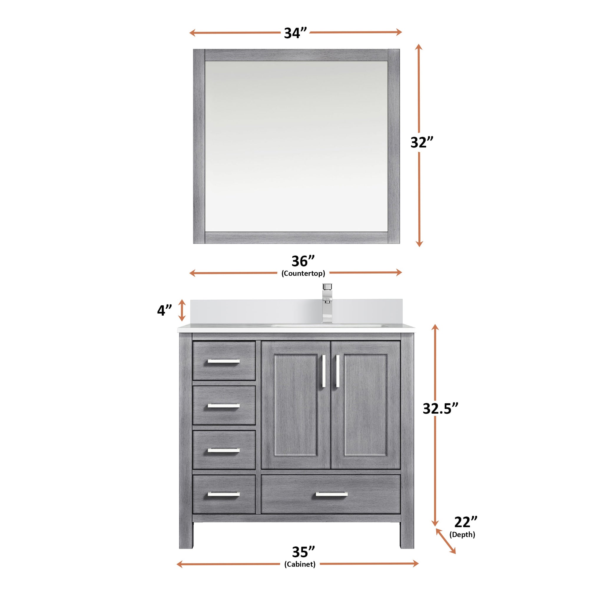 Jacques 36" Distressed Grey Single Vanity, White Quartz Top, White Square Sink and 34" Mirror w/ Faucet - Right Version