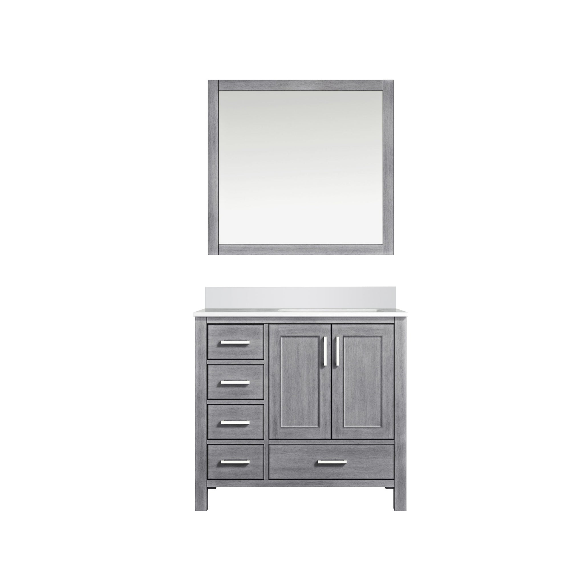 Jacques 36" Distressed Grey Single Vanity, White Quartz Top, White Square Sink and 34" Mirror - Right Version