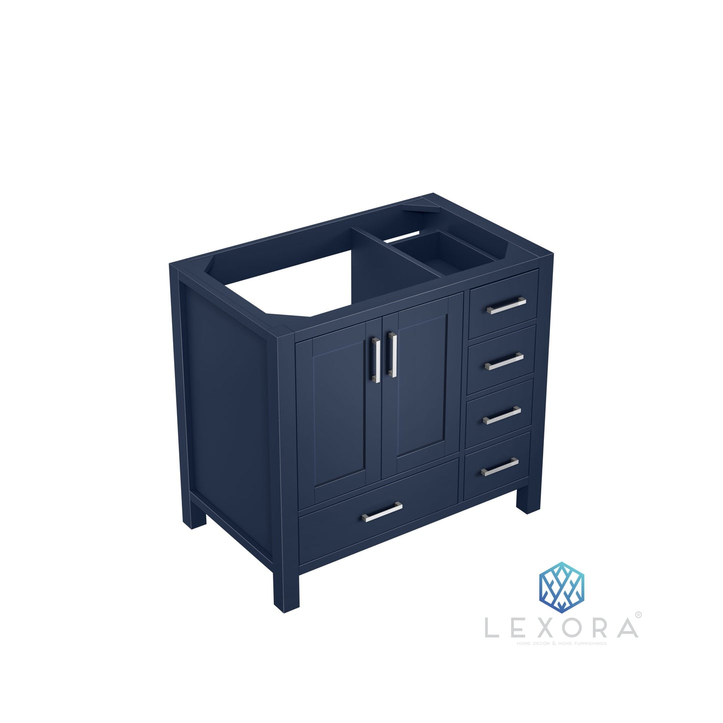 Jacques 36" Navy Blue Single Vanity, White Carrara Marble Top, White Square Sink and 34" Mirror w/ Faucet - Left Version
