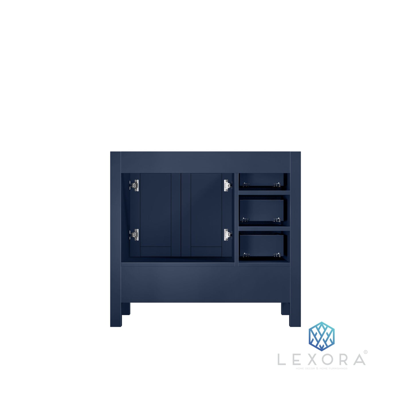 Jacques 36" Navy Blue Single Vanity, White Carrara Marble Top, White Square Sink and 34" Mirror w/ Faucet - Right Version
