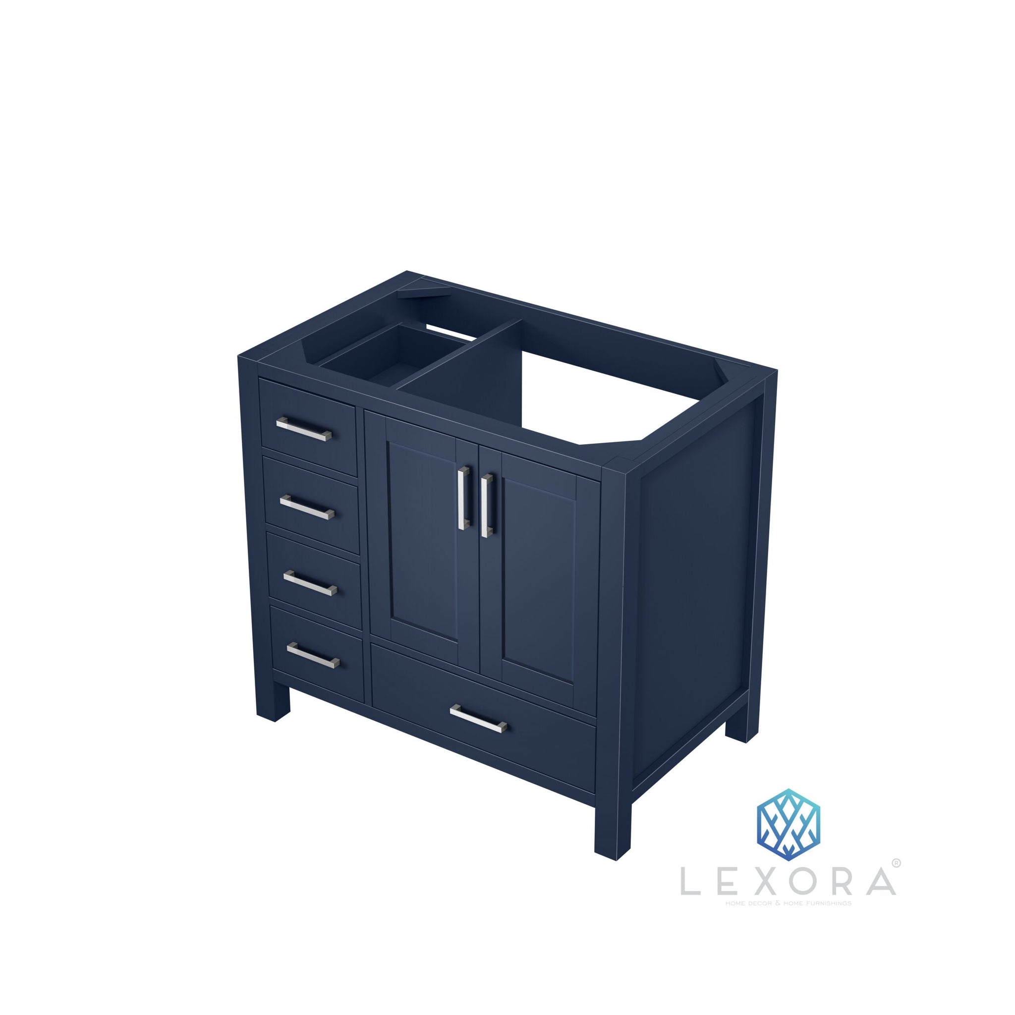 Jacques 36" Navy Blue Single Vanity, White Carrara Marble Top, White Square Sink and 34" Mirror w/ Faucet - Right Version
