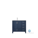 Jacques 36" Navy Blue Single Vanity, White Carrara Marble Top, White Square Sink and 34" Mirror w/ Faucet - Left Version