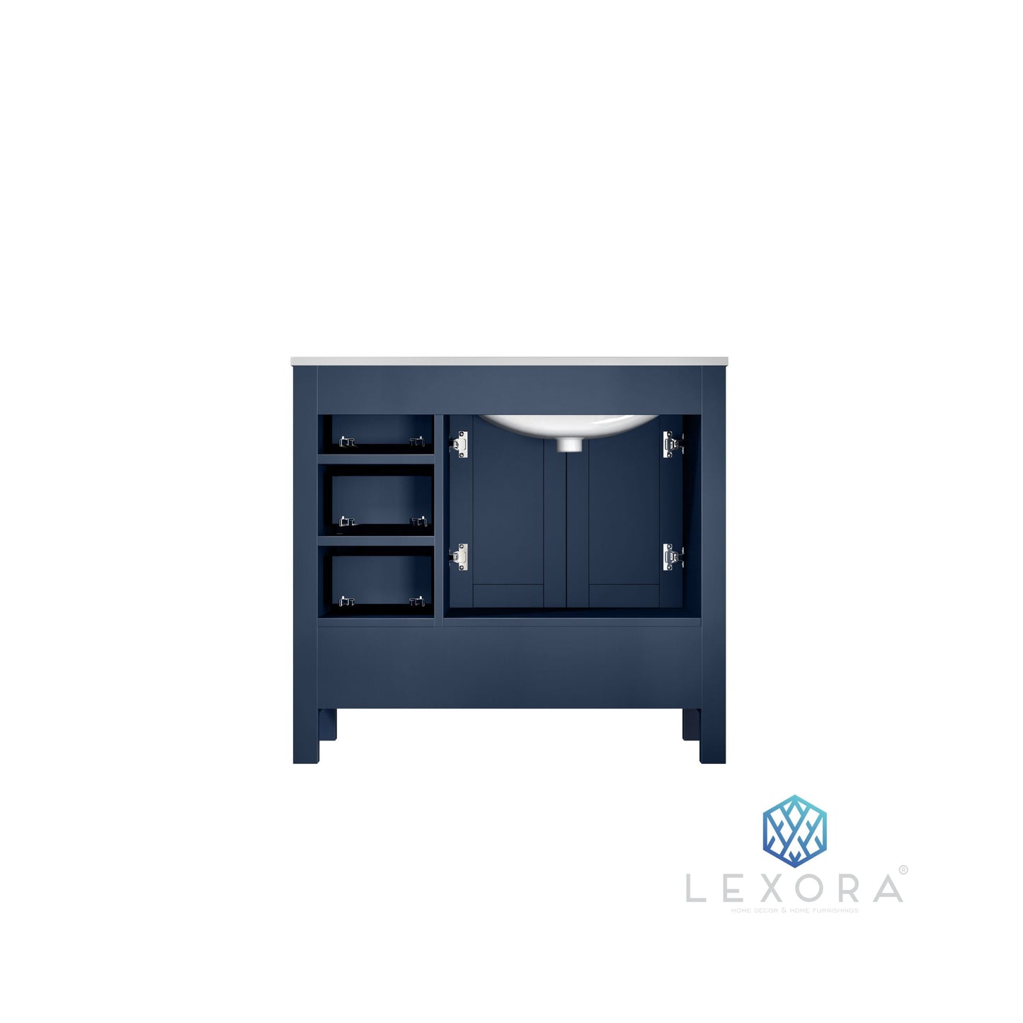 Jacques 36" Navy Blue Single Vanity, White Carrara Marble Top, White Square Sink and 34" Mirror w/ Faucet - Left Version