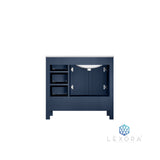Jacques 36" Navy Blue Single Vanity, White Carrara Marble Top, White Square Sink and 34" Mirror w/ Faucet - Left Version