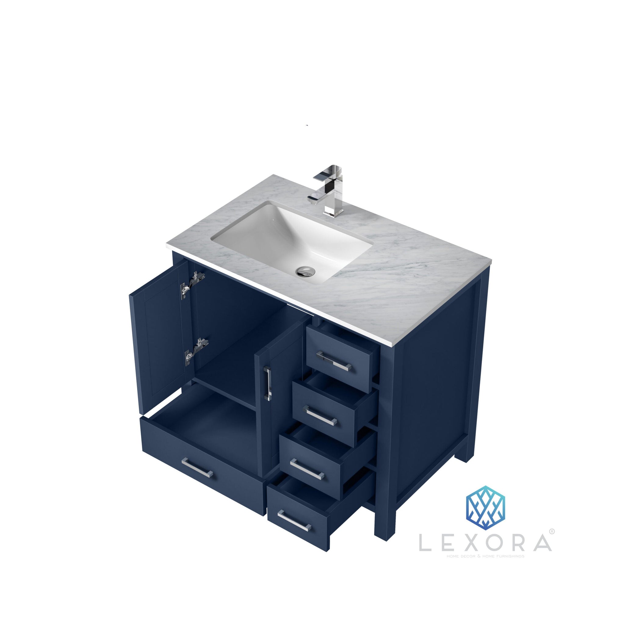Jacques 36" Navy Blue Single Vanity, White Carrara Marble Top, White Square Sink and 34" Mirror w/ Faucet - Left Version