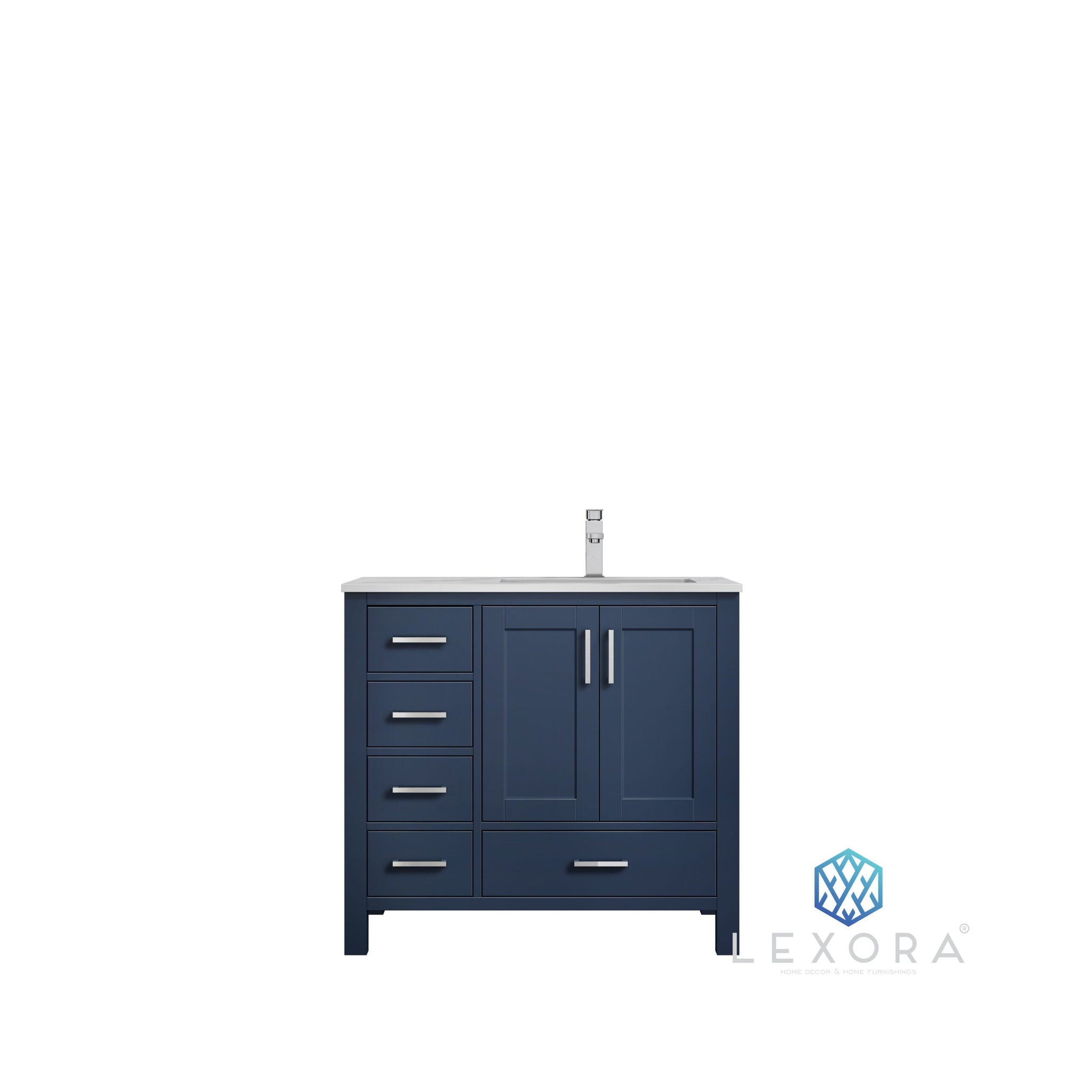 Jacques 36" Navy Blue Single Vanity, White Carrara Marble Top, White Square Sink and 34" Mirror w/ Faucet - Right Version