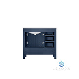 Jacques 36" Navy Blue Single Vanity, White Carrara Marble Top, White Square Sink and 34" Mirror w/ Faucet - Right Version