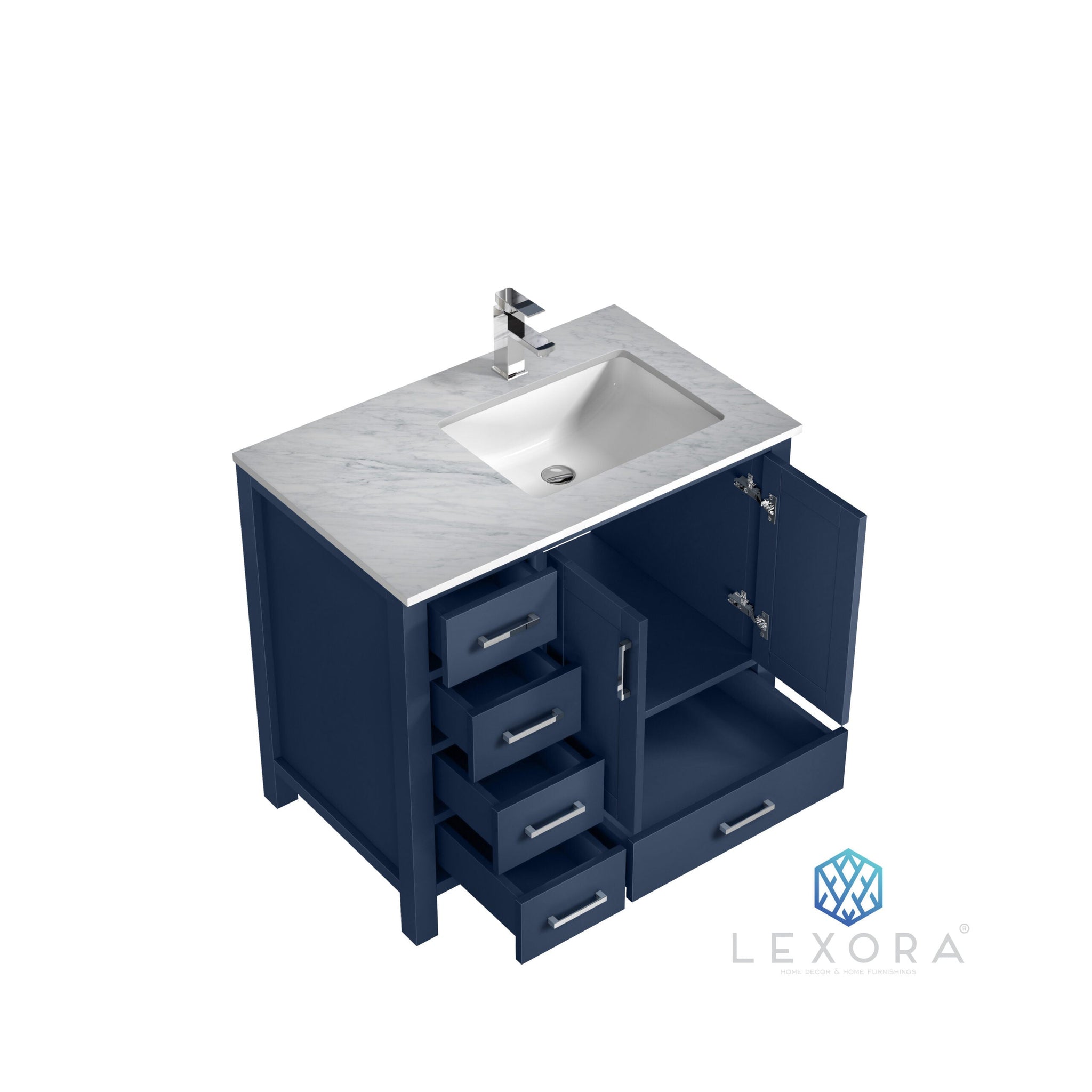 Jacques 36" Navy Blue Single Vanity, White Carrara Marble Top, White Square Sink and 34" Mirror w/ Faucet - Right Version