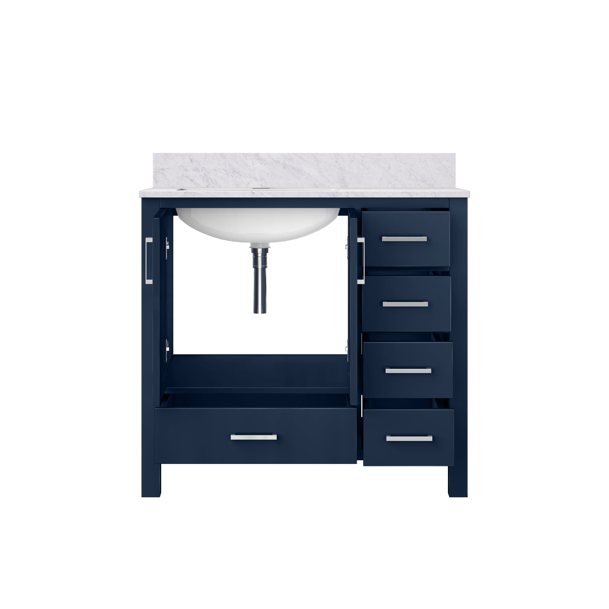 Jacques Navy 30 in. Left Freestanding Bathroom Vanity with White Carrara Marble Top, White Square Sink
