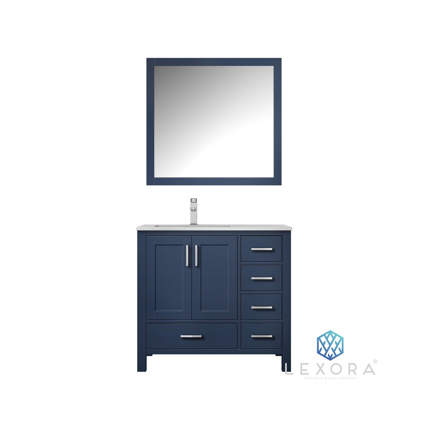 Jacques 36" Navy Blue Single Vanity, White Carrara Marble Top, White Square Sink and 34" Mirror - Left Version