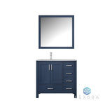 Jacques 36" Navy Blue Single Vanity, White Carrara Marble Top, White Square Sink and 34" Mirror - Left Version