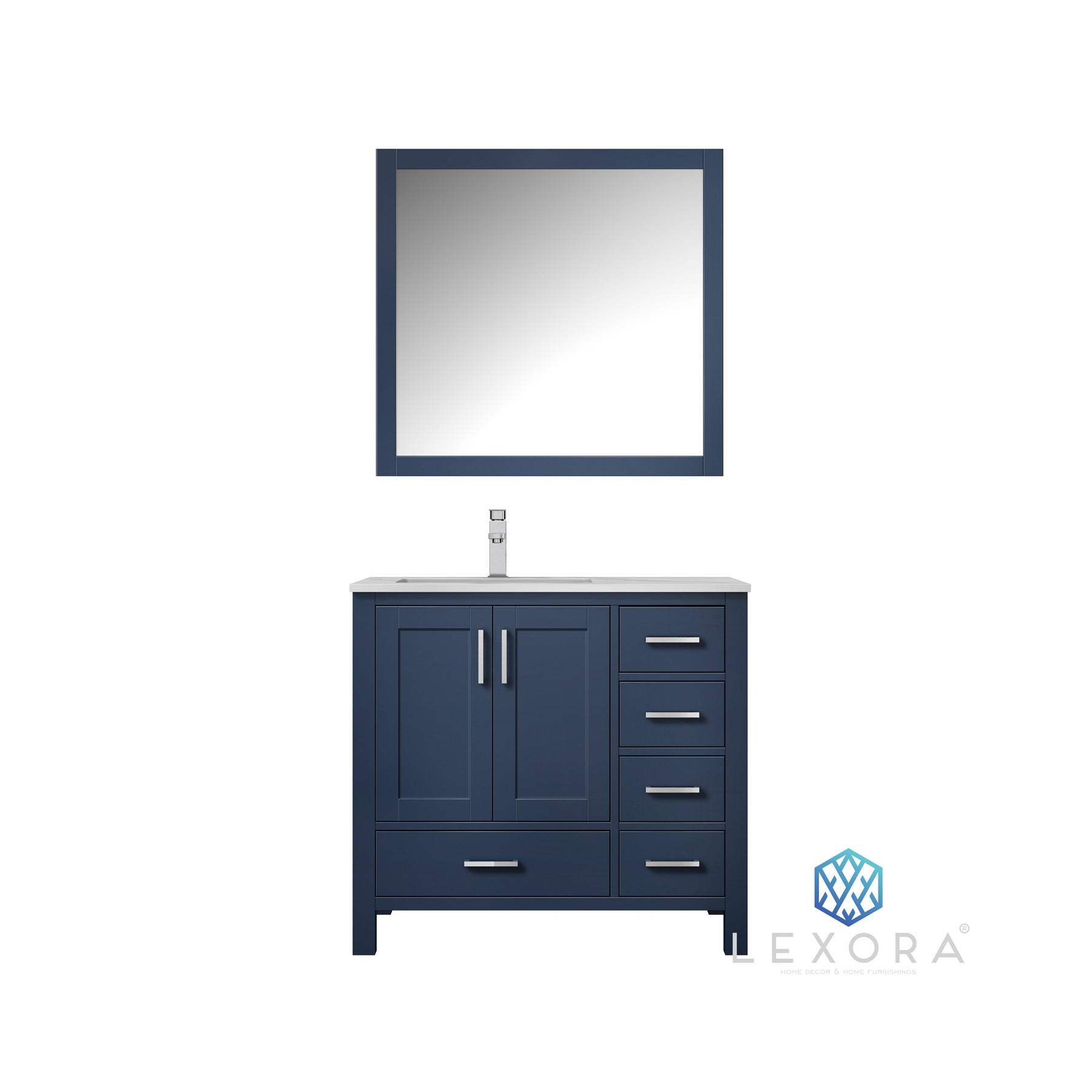 Jacques 36" Navy Blue Single Vanity, White Carrara Marble Top, White Square Sink and 34" Mirror - Left Version
