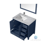 Jacques 36" Navy Blue Single Vanity, White Carrara Marble Top, White Square Sink and 34" Mirror w/ Faucet - Left Version