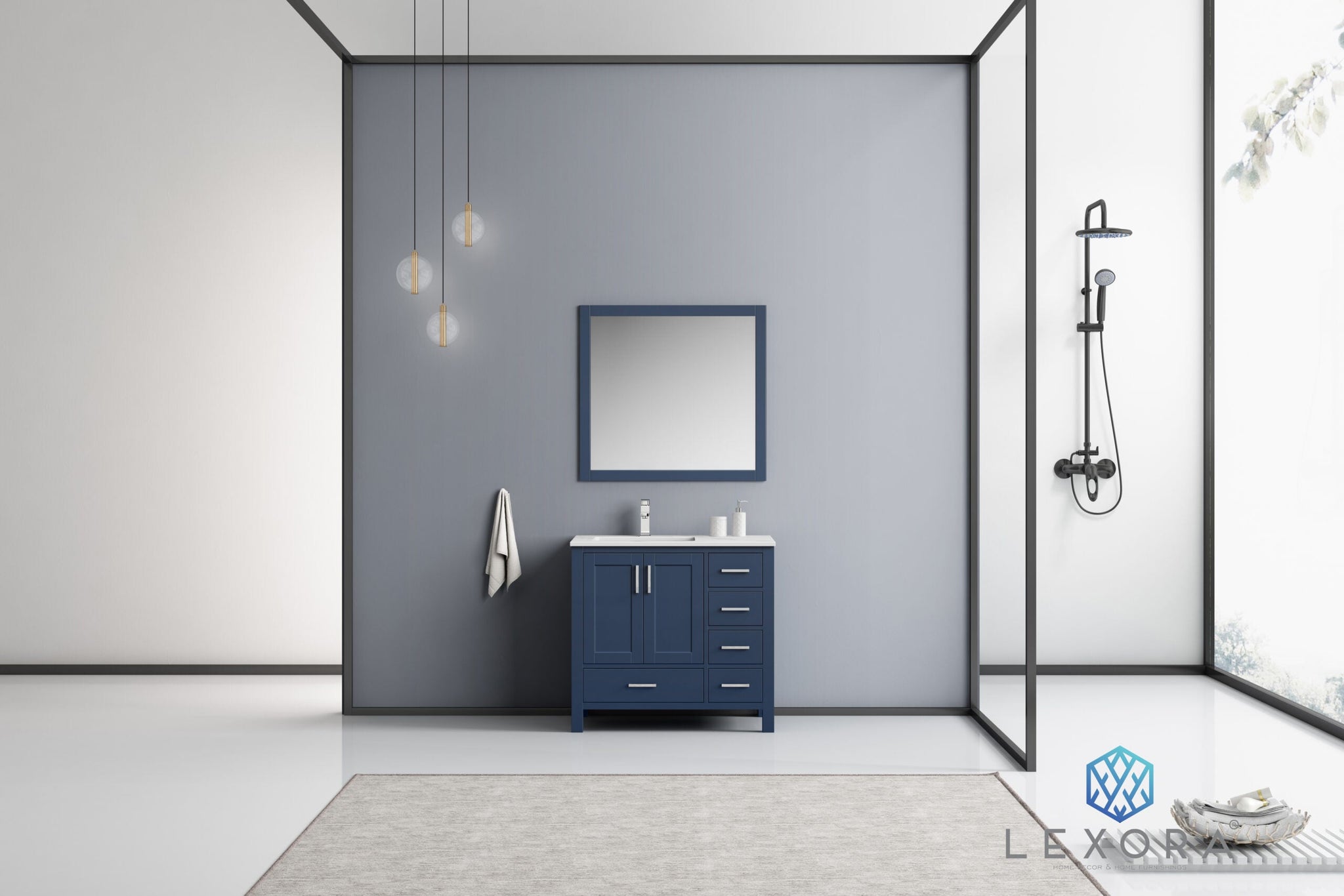 Jacques 36" Navy Blue Single Vanity, White Carrara Marble Top, White Square Sink and 34" Mirror w/ Faucet - Left Version