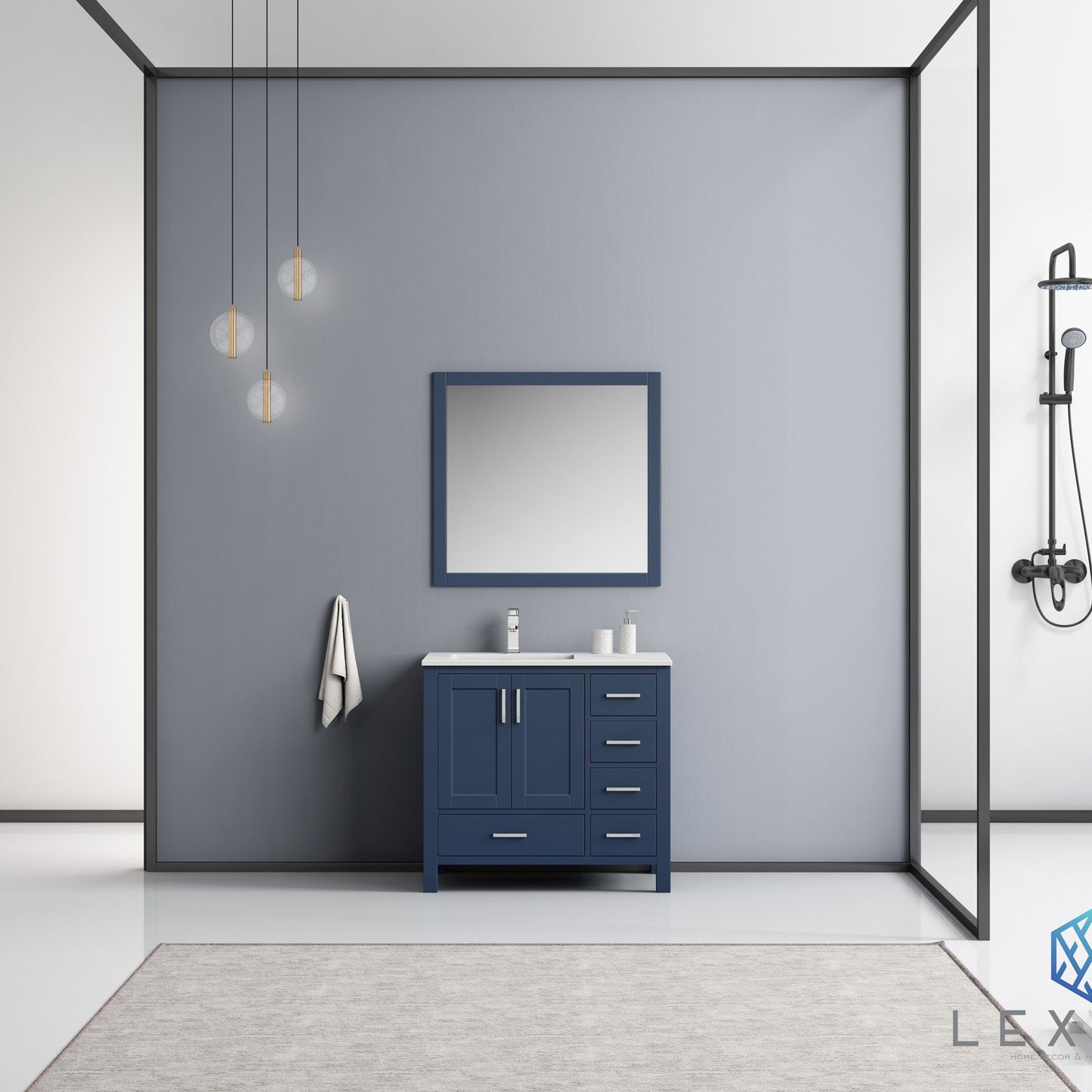 Jacques 36" Navy Blue Single Vanity, White Carrara Marble Top, White Square Sink and 34" Mirror - Left Version