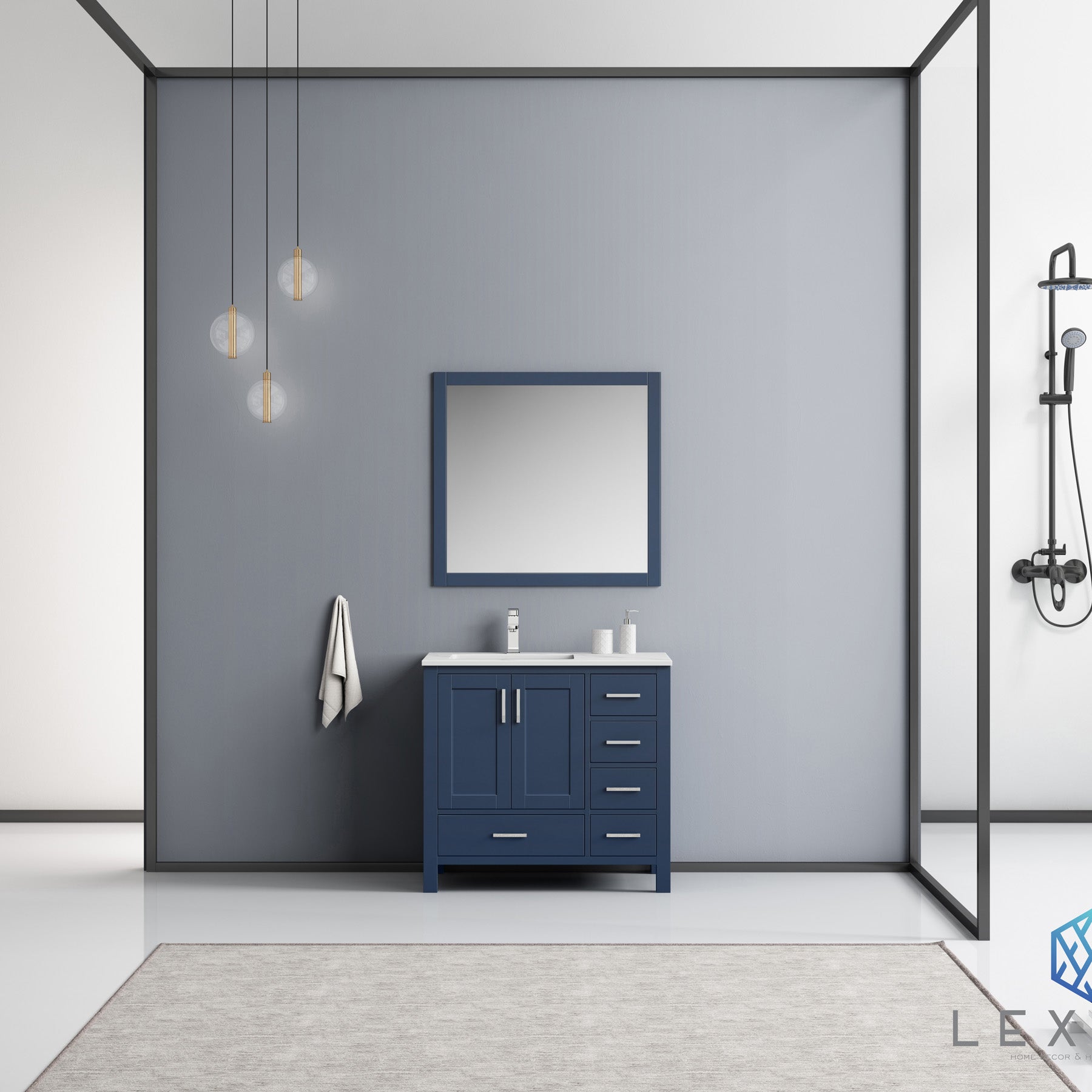 Jacques 36" Navy Blue Single Vanity, White Carrara Marble Top, White Square Sink and 34" Mirror - Left Version