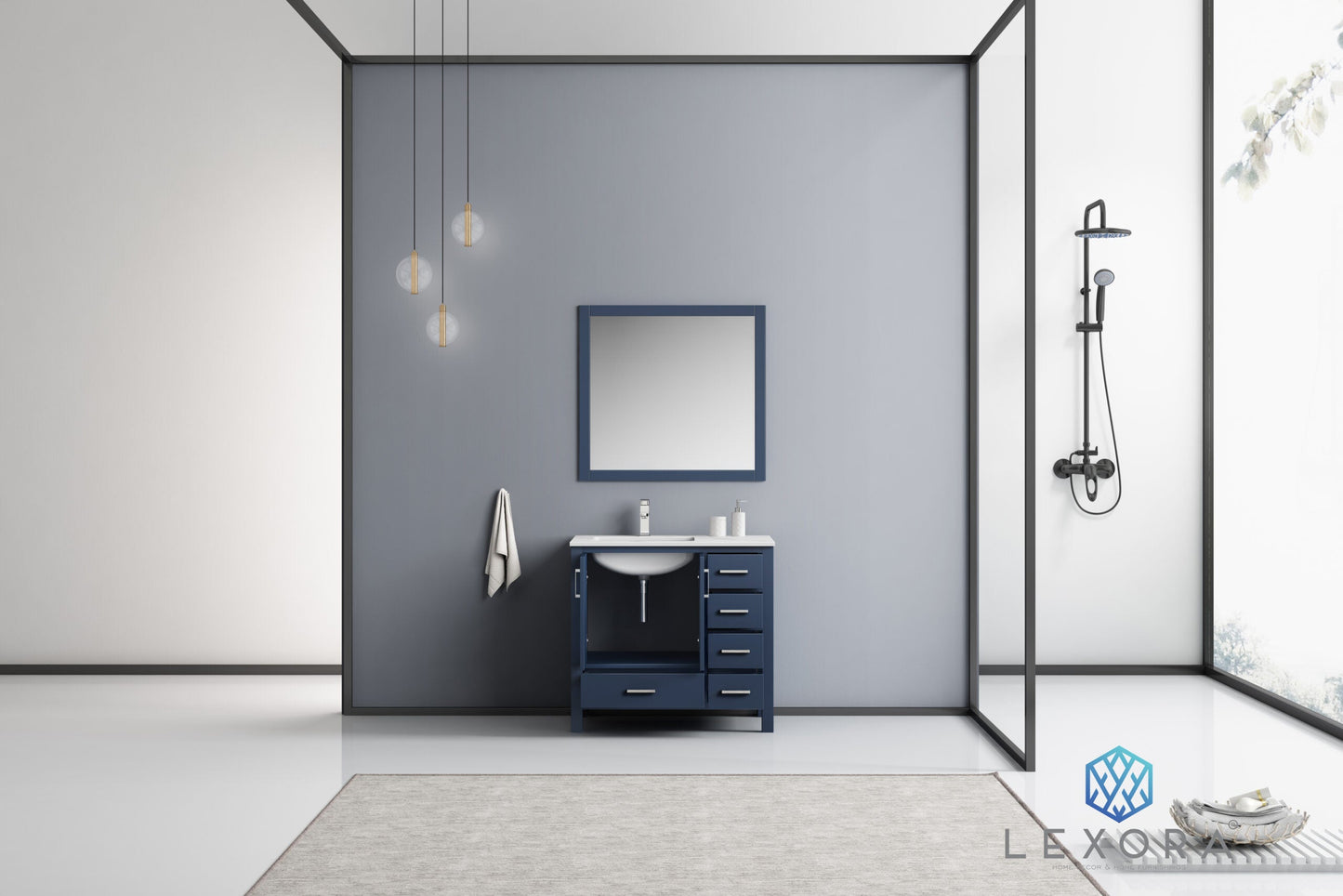 Jacques 36" Navy Blue Single Vanity, White Carrara Marble Top, White Square Sink and 34" Mirror w/ Faucet - Left Version