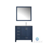 Jacques 36" Navy Blue Single Vanity, White Carrara Marble Top, White Square Sink and 34" Mirror - Right Version