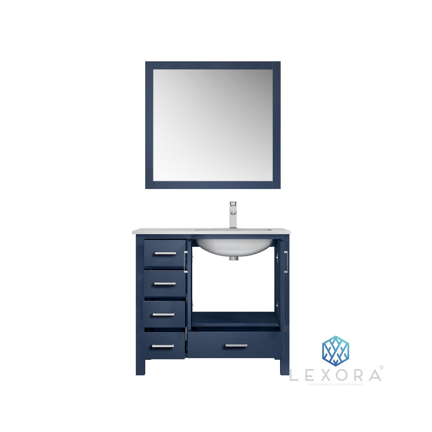 Jacques 36" Navy Blue Single Vanity, White Carrara Marble Top, White Square Sink and 34" Mirror - Right Version