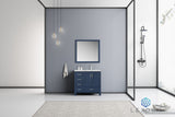 Jacques 36" Navy Blue Single Vanity, White Carrara Marble Top, White Square Sink and 34" Mirror w/ Faucet - Right Version
