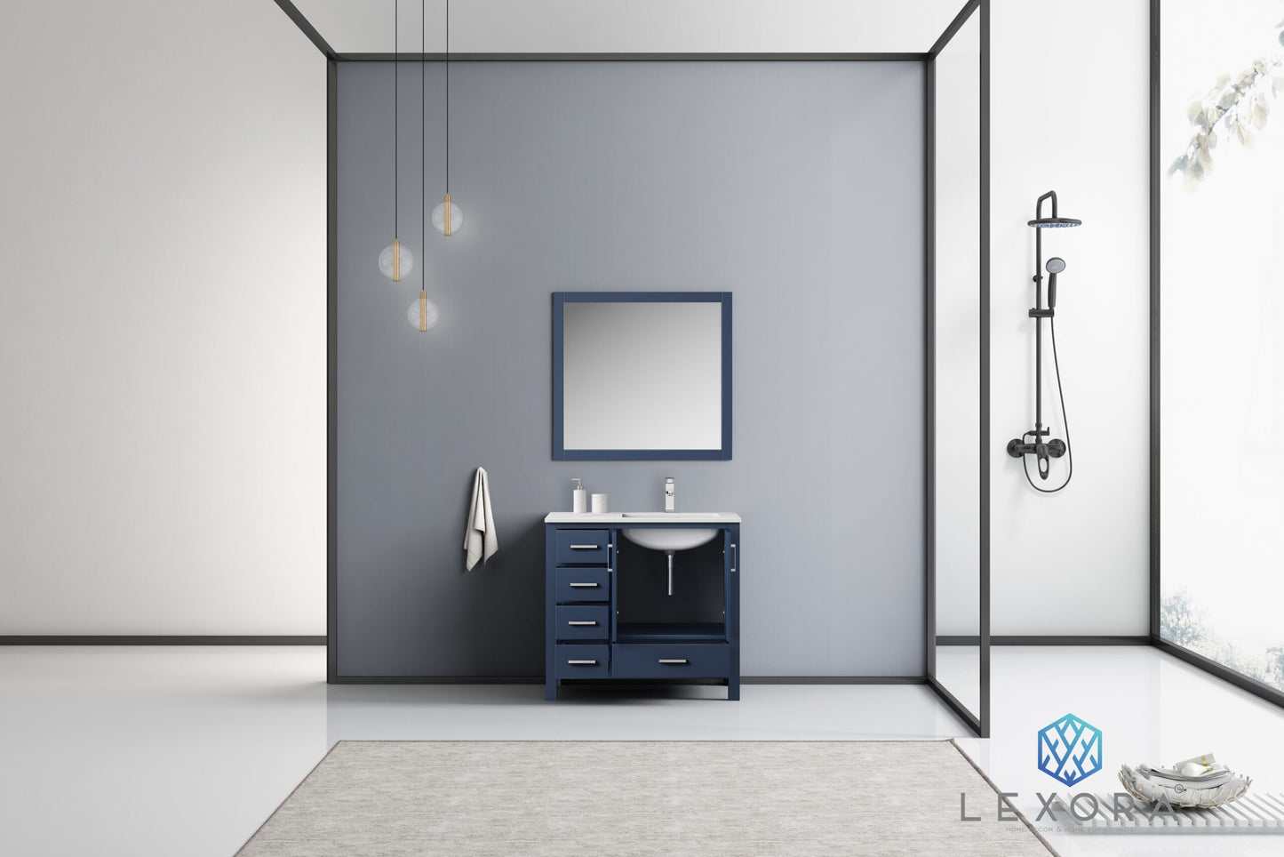 Jacques 36" Navy Blue Single Vanity, White Carrara Marble Top, White Square Sink and 34" Mirror w/ Faucet - Right Version