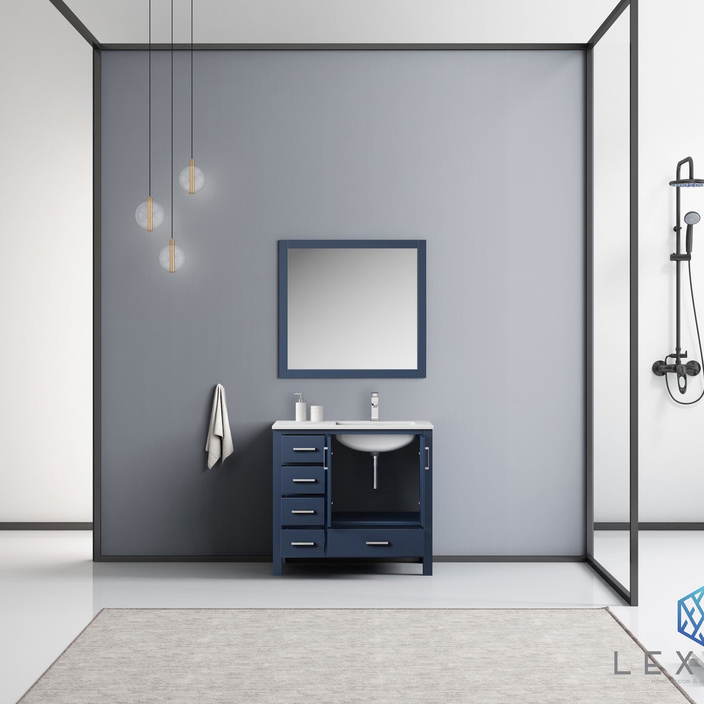 Jacques 36" Navy Blue Single Vanity, White Carrara Marble Top, White Square Sink and 34" Mirror - Right Version