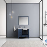 Jacques 36" Navy Blue Single Vanity, White Carrara Marble Top, White Square Sink and 34" Mirror - Right Version