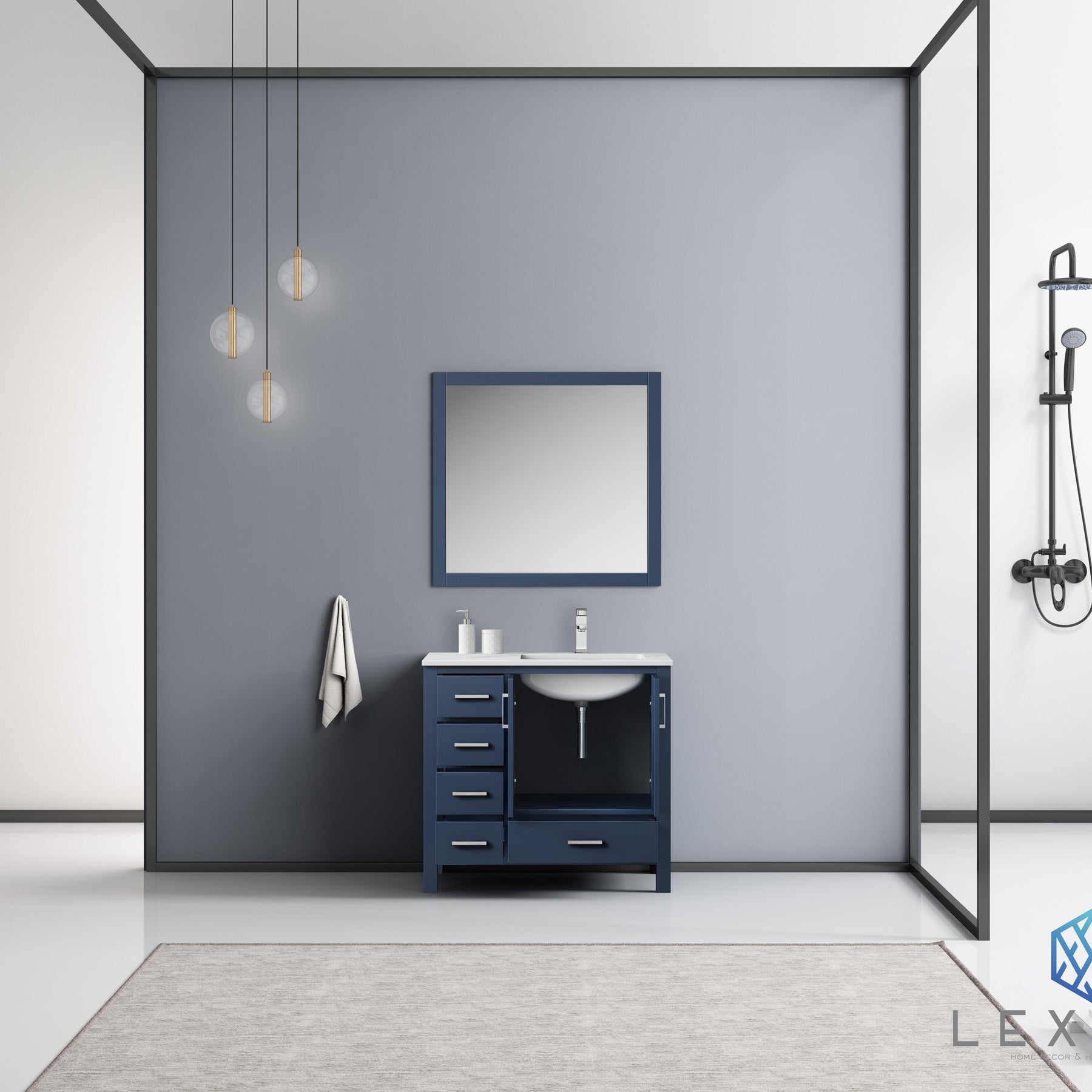 Jacques 36" Navy Blue Single Vanity, White Carrara Marble Top, White Square Sink and 34" Mirror - Right Version
