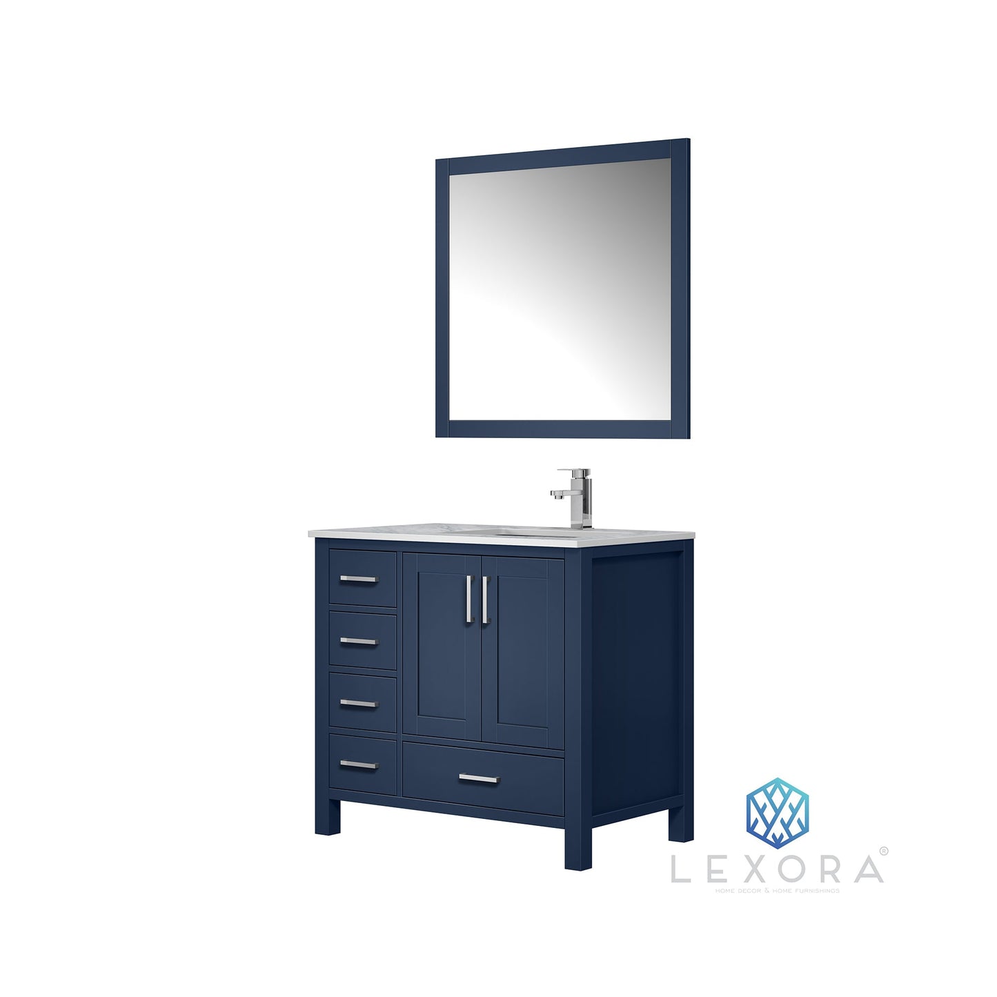 Jacques 36" Navy Blue Single Vanity, White Carrara Marble Top, White Square Sink and 34" Mirror w/ Faucet - Right Version