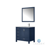 Jacques 36" Navy Blue Single Vanity, White Carrara Marble Top, White Square Sink and 34" Mirror w/ Faucet - Right Version