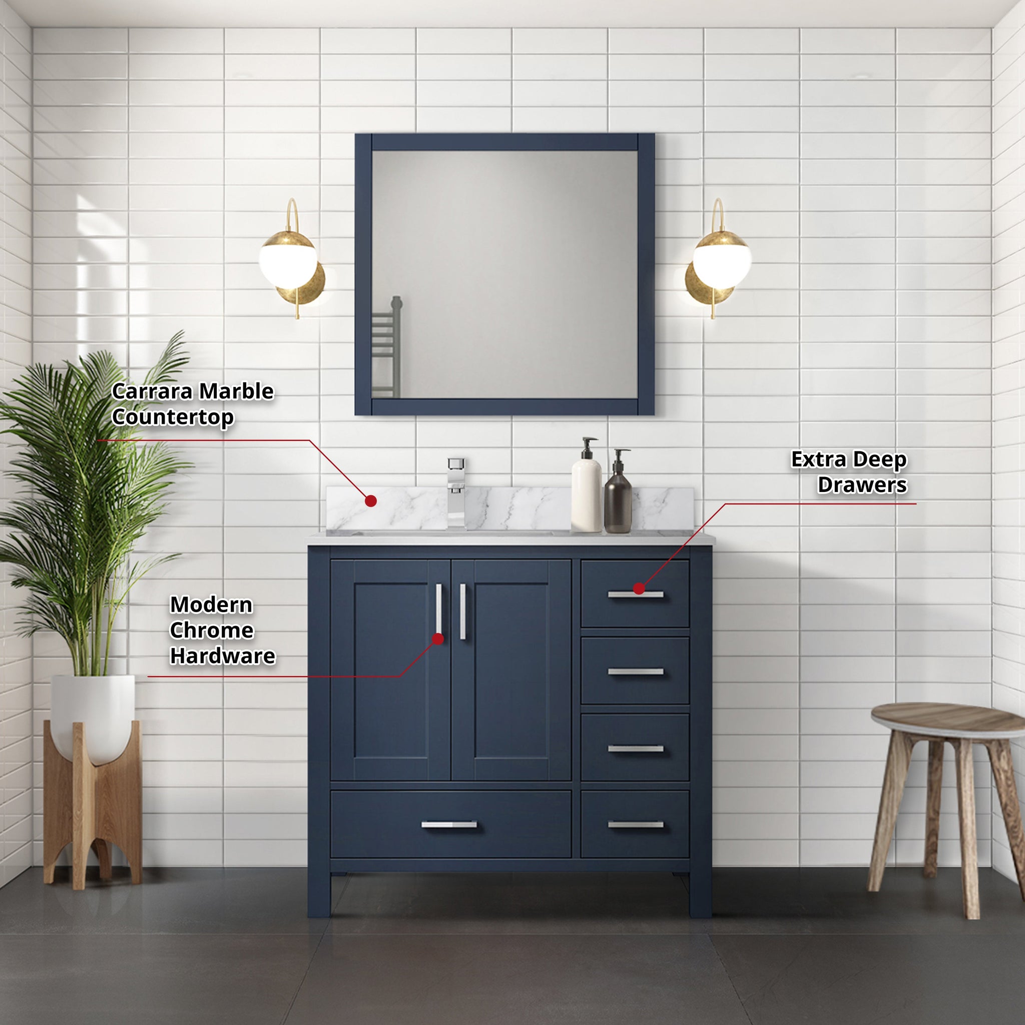 Jacques Navy 30 in. Left Freestanding Bathroom Vanity with White Carrara Marble Top, White Square Sink