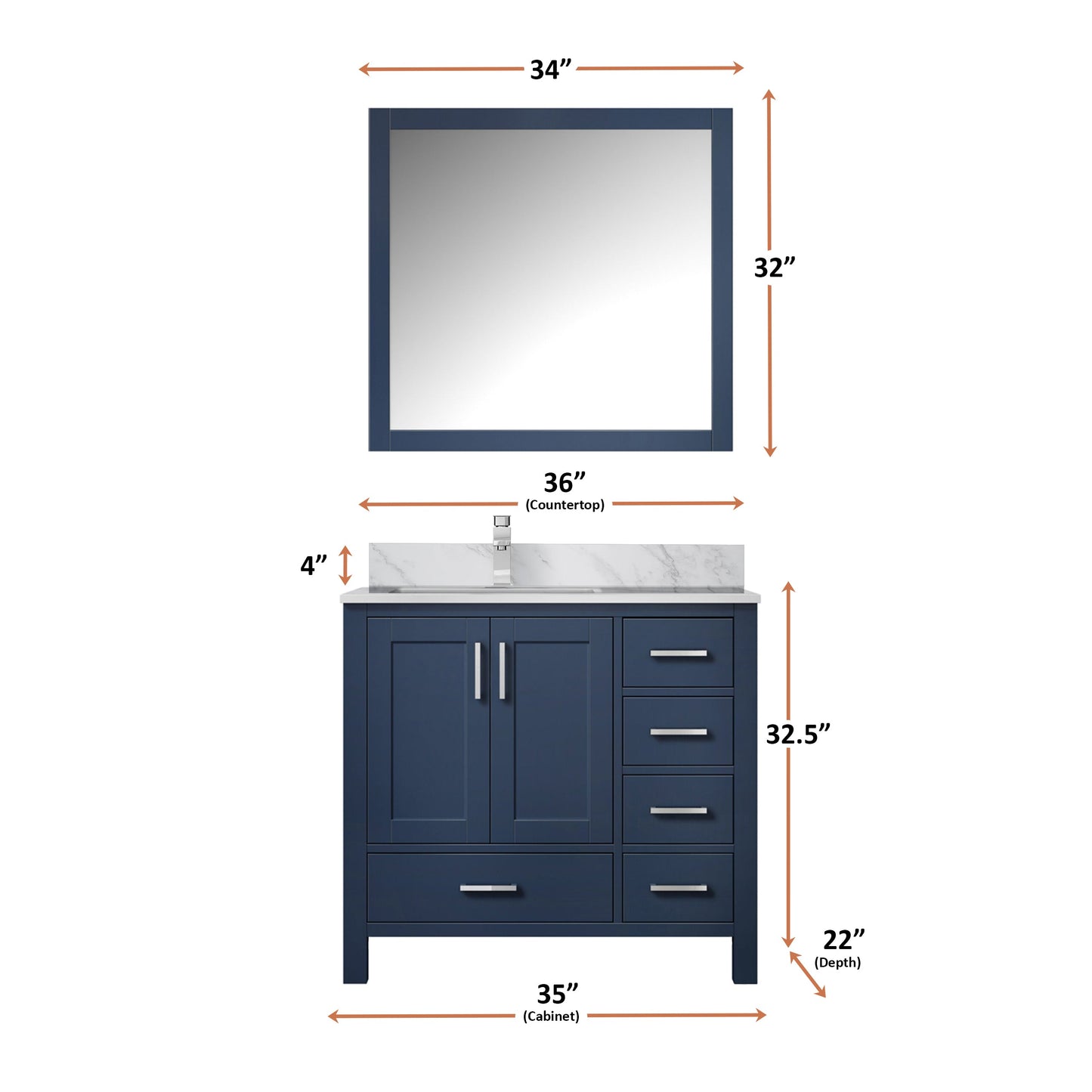Jacques Navy 30 in. Left Freestanding Bathroom Vanity with White Carrara Marble Top, White Square Sink