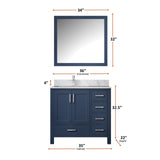 Jacques Navy 30 in. Left Freestanding Bathroom Vanity with White Carrara Marble Top, White Square Sink