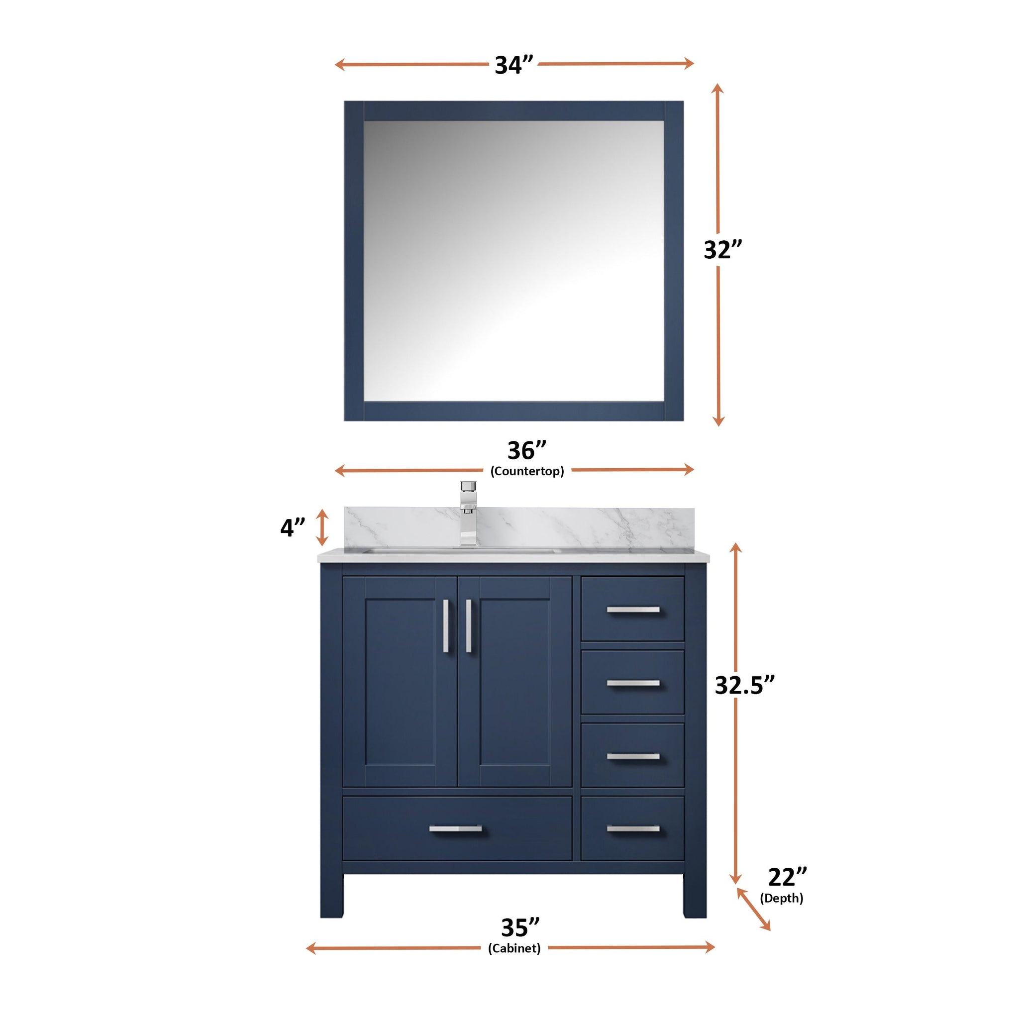 Jacques Navy 30 in. Left Freestanding Bathroom Vanity with White Carrara Marble Top, White Square Sink