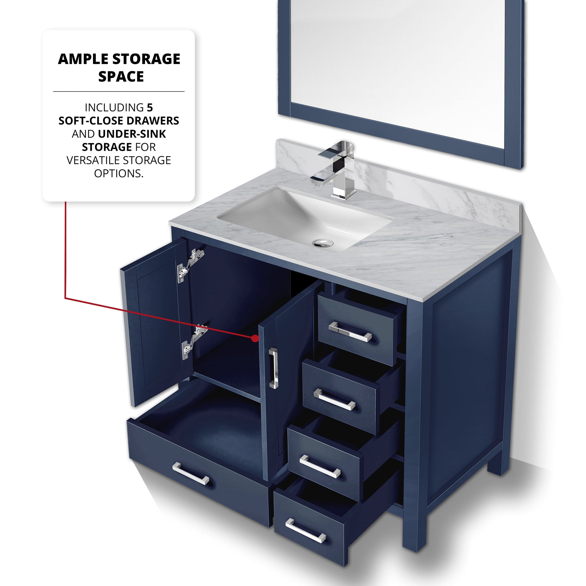Jacques Navy 30 in. Left Freestanding Bathroom Vanity with White Carrara Marble Top, White Square Sink