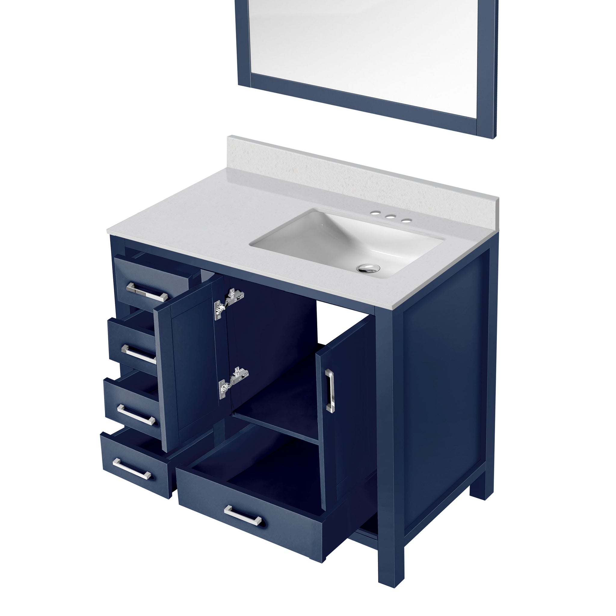 Jacques 36" Navy Blue Single Vanity, White Quartz Top, White Square Sink and 34" Mirror - Right Version