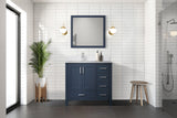 Jacques 36" Navy Blue Single Vanity, White Quartz Top, White Square Sink and 34" Mirror w/ Faucet - Left Version