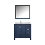 Jacques 36" Navy Blue Single Vanity, White Quartz Top, White Square Sink and 34" Mirror w/ Faucet - Left Version