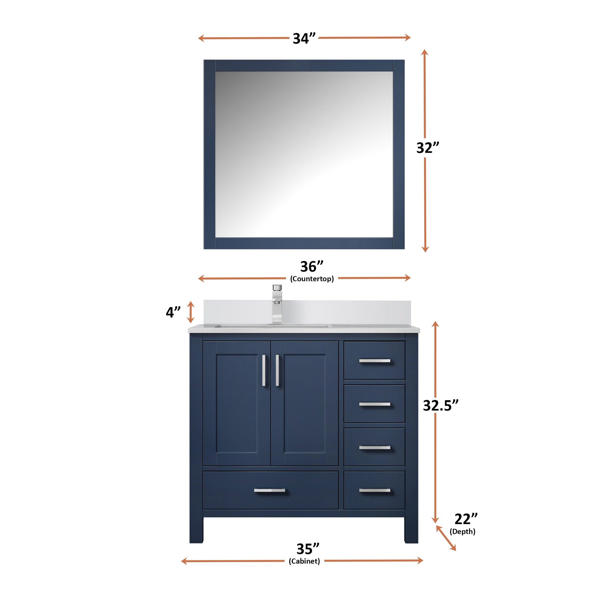 Jacques 36" Navy Blue Single Vanity, White Quartz Top, White Square Sink and 34" Mirror w/ Faucet - Left Version