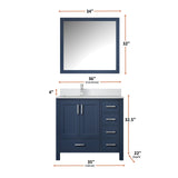 Jacques 36" Navy Blue Single Vanity, White Quartz Top, White Square Sink and 34" Mirror - Left Version