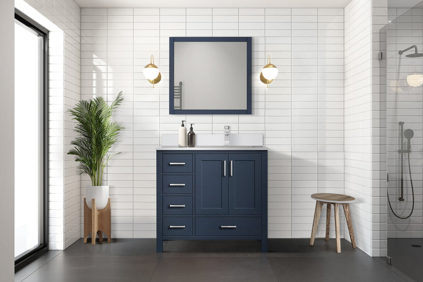 Jacques 36" Navy Blue Single Vanity, White Quartz Top, White Square Sink and 34" Mirror - Right Version