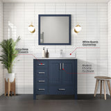 Jacques 36" Navy Blue Single Vanity, White Quartz Top, White Square Sink and 34" Mirror w/ Faucet - Right Version
