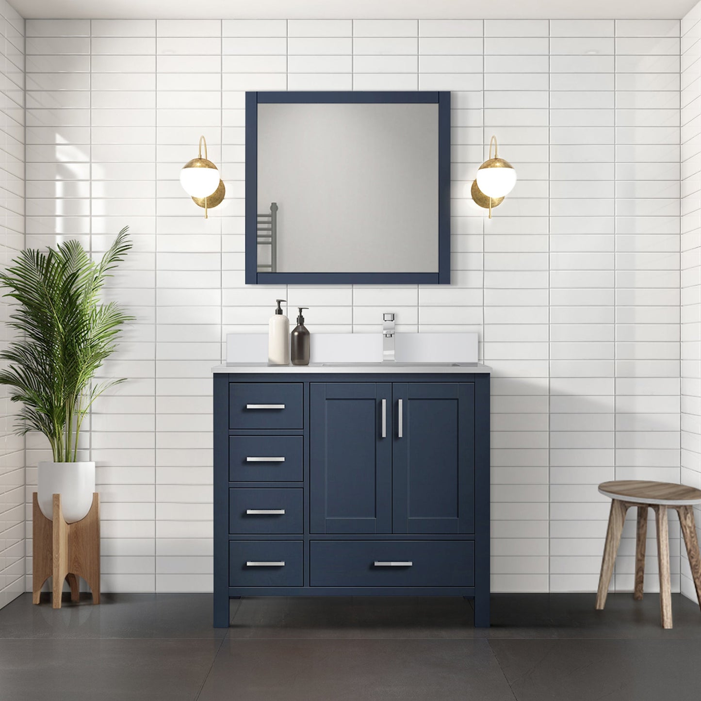 Jacques 36" Navy Blue Single Vanity, White Quartz Top, White Square Sink and 34" Mirror w/ Faucet - Right Version
