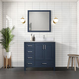 Jacques 36" Navy Blue Single Vanity, White Quartz Top, White Square Sink and 34" Mirror w/ Faucet - Right Version